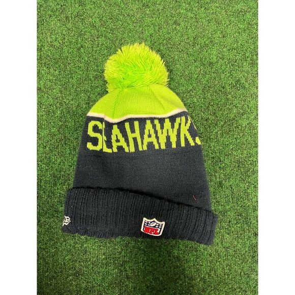 Y2K NFL Seattle Seahawks Green & Blue Beanie Hat Touque POM POM OSFA Unisex - Picture 2 of 2